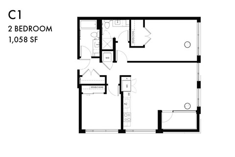 A black and white image of a floor plan for a 2 bedroom apartment.